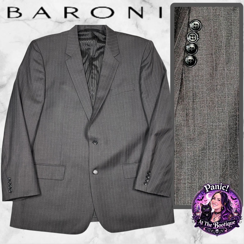 Baroni Suit Jacket Mens 46L Wool  Super 150s Charcoal Pinstripe Blazer Luxury